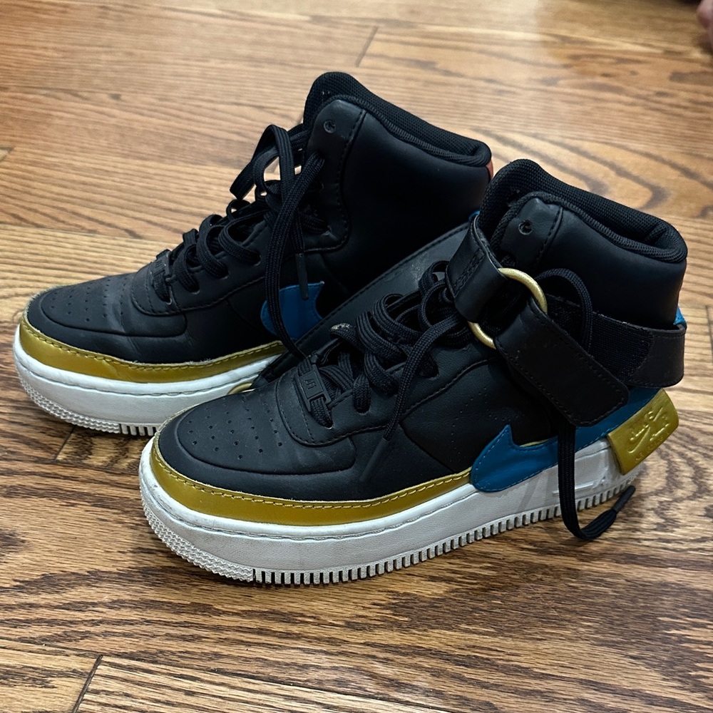 Nike Black, Gold, and Blue High-Top Sneakers